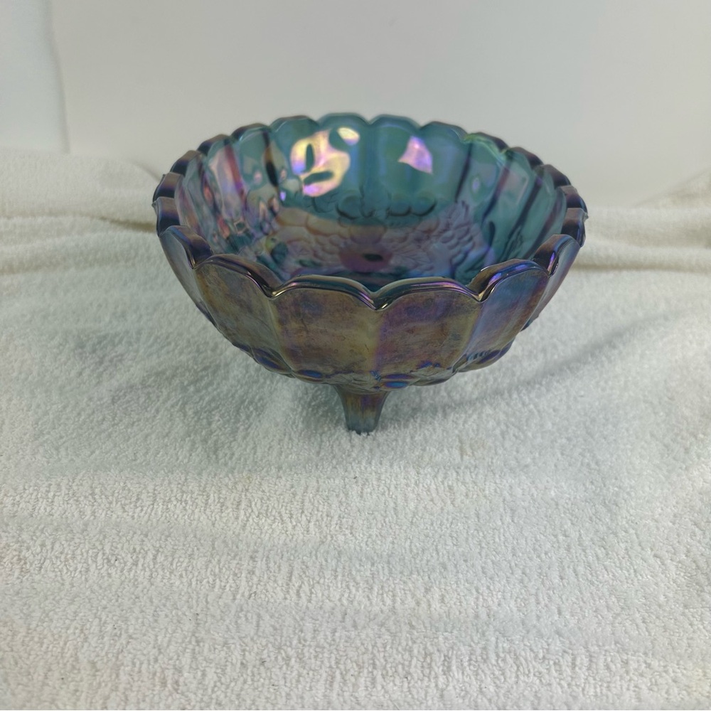 VTG Indiana Blue Iridescent Carnival Glass Grape Centerpiece Console Fruit Bowl - Picture 5 of 11